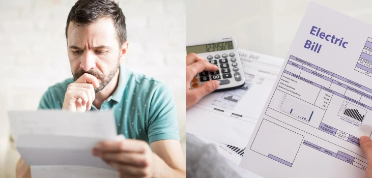 Chiller Portable AC skeptical guy reads envelope with high air conditioner electric bills